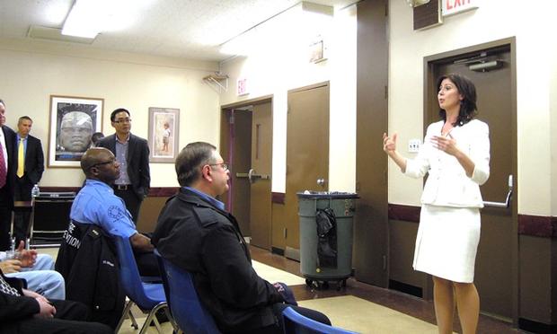 Councilwoman Elizabeth Crowley speaks to EMTs about her congressional campaign.