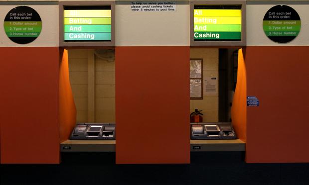 Gambling booths at the Belmont Race Track.