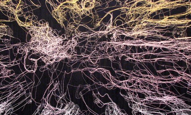 Big Bang: Detail of an embroidery work by Ghada Amer at Cheim & Reid, in Manhattan.