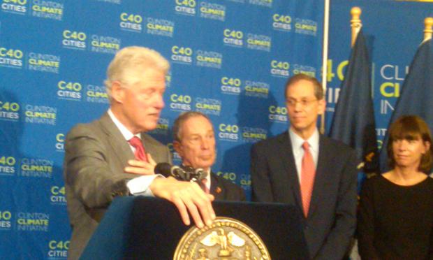 New York Mayor Michael Bloomberg and former President Bill Clinton at a green job initiatives press conference on April 14th, 2011.