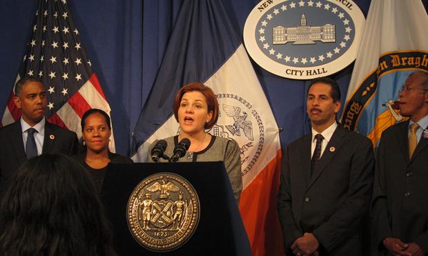 Council Speaker Christine Quinn, center, before Tuesday's council meeting