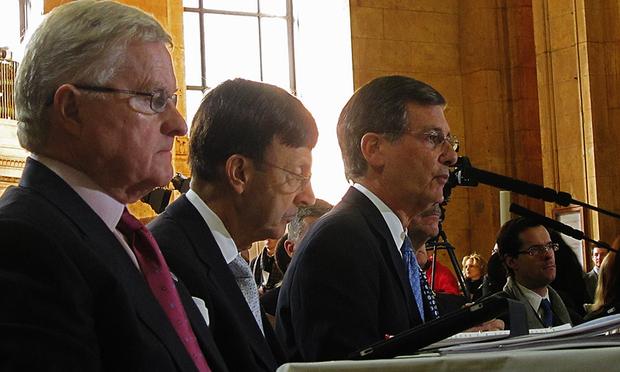 Top Bloomberg Administration officials at the Jan. 10 City Council hearing on snow response (from left: John Doherty, Joe Bruno, and Stephen Goldsmith)