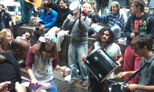 After marching, demonstrators jammed out in Zucotti Park
