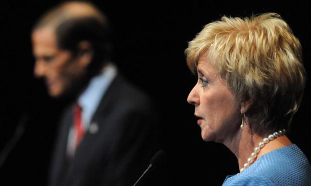 U.S. Senate candidates, Democrat Richard Blumenthal (L) and Republican Linda McMahon (R) debate on the stage at the Garde Arts Center on October 12, 2010 in New London, Connecticut. Linda McMahon