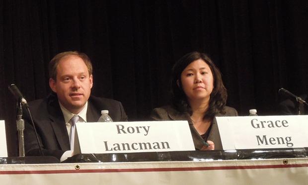 Assemblymembers Rory Lancman, left, and Grace Meng at a candidates forum in Queens.
