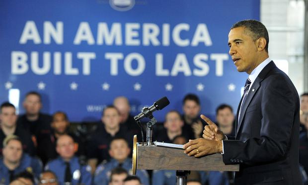 President Barack Obama makes remarks on the economy at a fire station in Arlington, Virginia.
