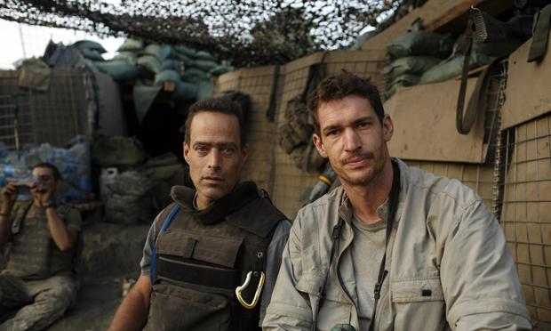 RESTREPO filmmakers Sebastian Junger (l.) and Tim Hetherington (r.) at Outpost Restrepo. Korengal Valley, Afghanistan, Kunar Province. 2007.