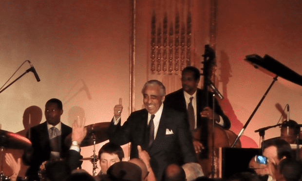 Rep. Rangel gave a thumbs up from the stage at the Plaza Hotel during his 80th birthday party fundraiser Wednesday night.