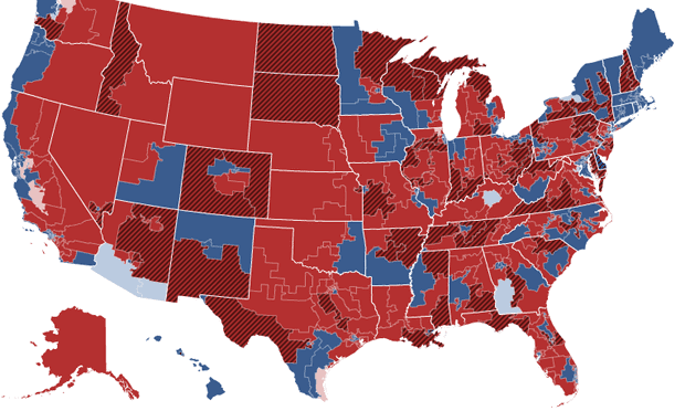 map showing the red sweep around the country in congressional races