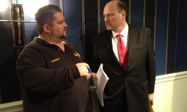 TWU Local 100 president John Samuelsen chats with MTA executive director Joe Lhota before the start of contract talks at the Sheraton Hotel.