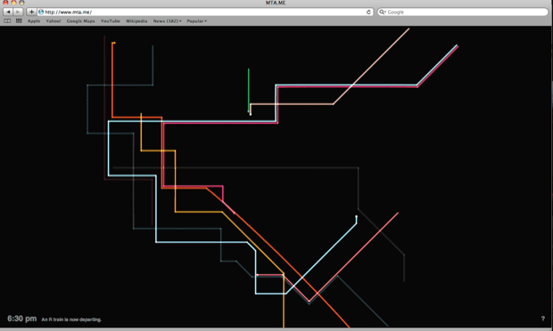 A still of Alexander Chen's www.mta.me, an online work that turns the New York City subway system into a playable work of art.