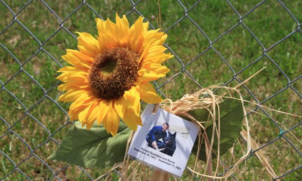 A tribute to Richard Guadagno, one of the victims of Flight 93. A tribute to Richard Guadagno, one of the victims of Flight 93 on September 11, left at the crash site memorial in Shanksville, PA.