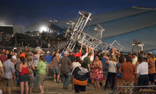 View of the stage collapse at the Indiana State Fair on August 13, 2011. The stage fell just before country duo Sugarland were scheduled to perform, killing seven.