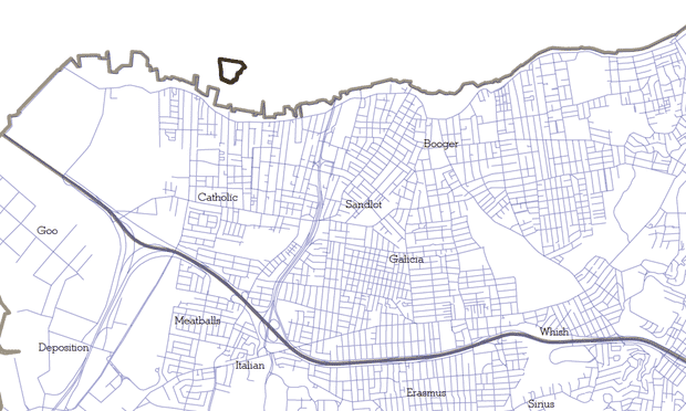 DuBois's pieces overlay maps with frequently used words in online dating profiles. Staten Island's north shore provides an electic selection that includes 'Erasmus,' 'Booger,' 'Meatballs' and 'Goo.'