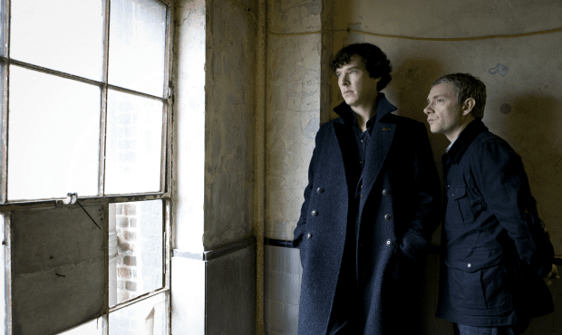 Benedict Cumberbatch as Sherlock Holmes, with Martin Freeman as Watson. Benedict Cumberbatch as Sherlock Holmes, with Martin Freeman as Watson.