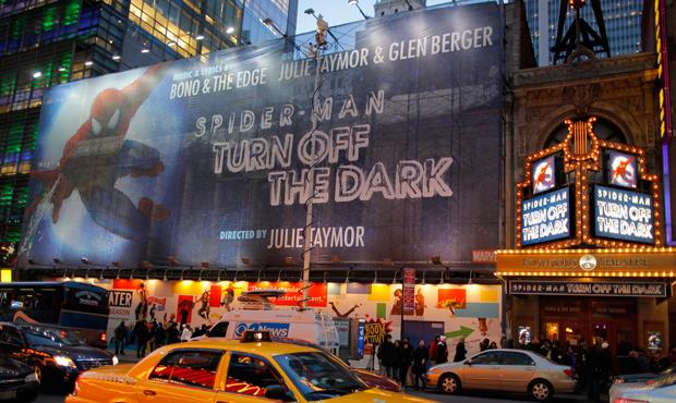 The Spiderman: Turn Off the Dark marquee at the Foxwoods Theater on December 22, 2010, the day after an actor fell 20 feet during a performance. Spider-Man: Turn Off the Dark marquee