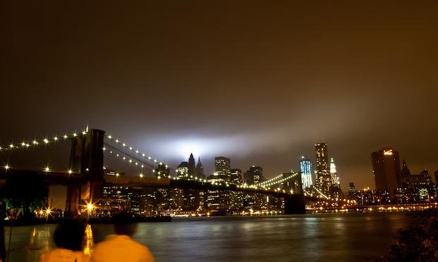 Tribute in light seen from Brooklyn Bridge Park, September 11, 2011.