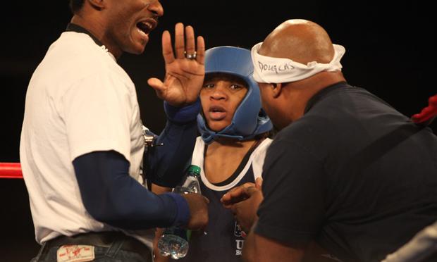Tyrieshia Douglas in the first round of the final fight at the USA Boxing Olympic Trials for women.