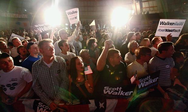 Supporters of Governor Scott Walker gather to celebrate his victory in the Wisconsin recall election.
