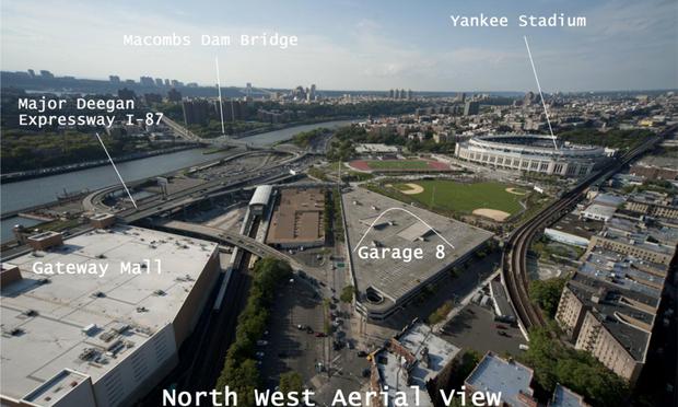 An aerial view of Yankee Stadium and the surrounding site. Bronx officials are seeking proposals from developers interested in turning Parking Garage 8 into a hotel.