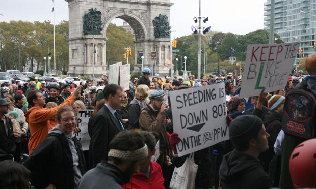 Cyclists and supporters gathered at Grand Army Plaza in Brooklyn to show support for a two-way bike lane created on Prospect Park West.