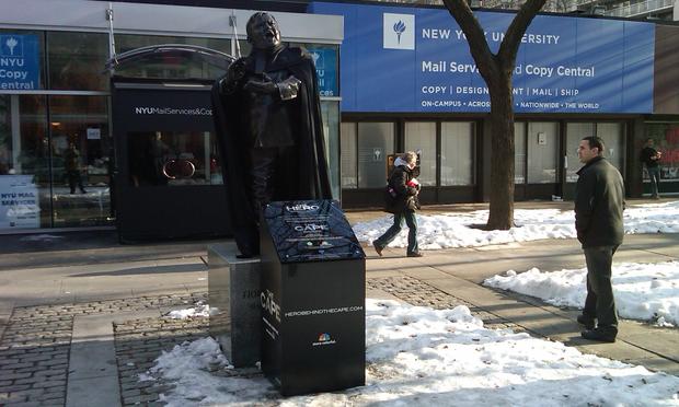 A statue of Fiorello LaGuardia in Greenwich Village is outfitted with a cape and hat to promote NBC's new superhero drama 'The Cape'.