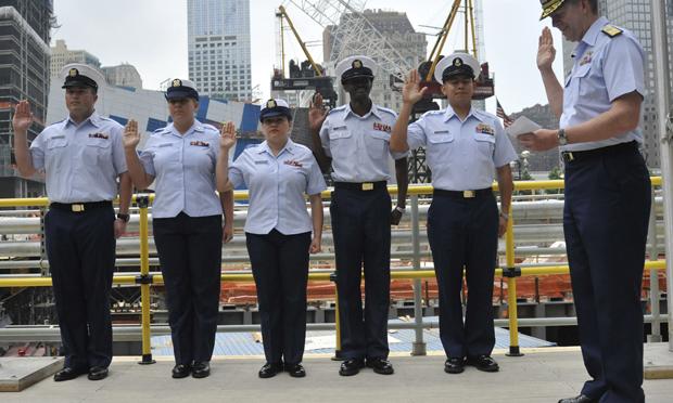 Coast Guard Petty Officers ecite the oath of enlistment at the World Trade Center ceremonial platform on May 26, 2011. Coast Guard Petty Officers ecite the oath of enlistment at the World Trade Center ceremonial platform on May 26, 2011.