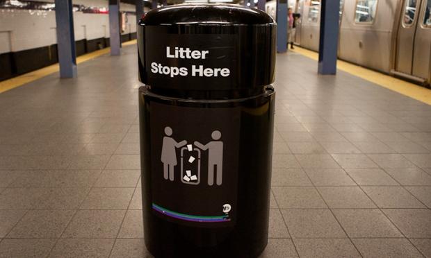 Trash can at subway station.