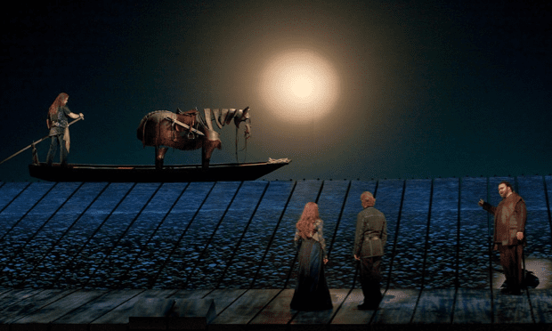 Jay Hunter Morris as Siegfried, Iain Paterson as Gunther, Wendy Bryn Harmer as Gutrune and Hans-Peter König as Hagen in 'Götterdämmerung'
