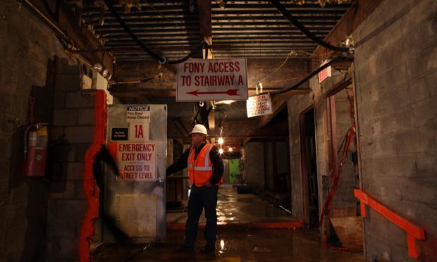 Ground floor of the Deutsche Bank building in lower Manhattan where there are only a few stories left to demolish.