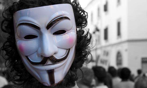 The Guy Fawkes mask, logo for Anonymous and seen at protests around the world.