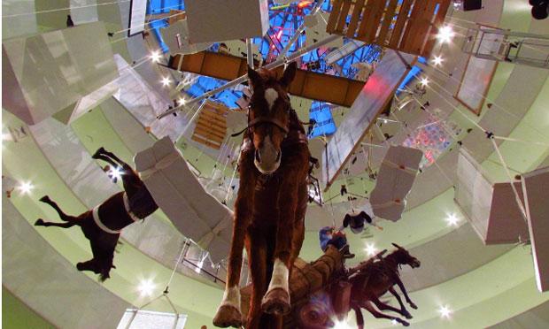 Art as cascade: For his retrospective at the Guggenheim, Italian prankster Maurizio Cattelan strung all his art from the ceiling. Art as cascade: For his retrospective at the Guggenheim, Italian prankster Maurizio Cattelan strung all his art from the ceiling.