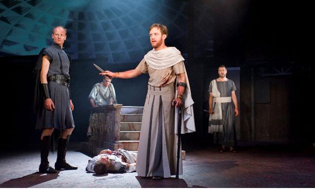 John Mackay as Cassius, Greg Hicks as Julius Caesar, Sam Troughton as Marcus Brutus in the Royal Shakespeare Company's production of 'Julius Caesar.'