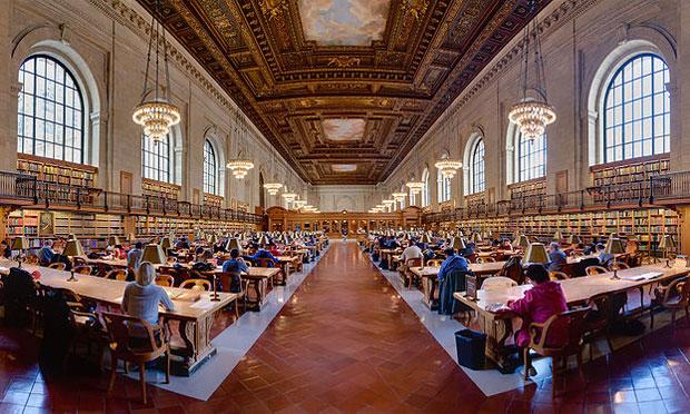 A panoramic view of the main branch of the Rose Main Reading Room at the New York Public Library. A panoramic view of the main branch of the Rose Main Reading Room at the New York Public Library.