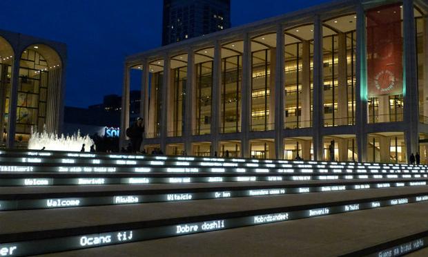 Lincoln Center, Josie Robertson Plaza Lincoln Center, Josie Robertson Plaza, the Revson Fountain, and LED text Grand Stair