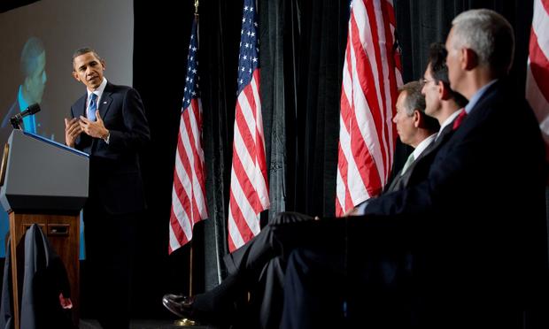 US President Barack Obama along with House Minority Leader John Boehner of Ohio (2nd L), House Minority Whip Eric Cantor of Virginia (2nd R) and House Republican Conference Chairman Mike Pence (R)