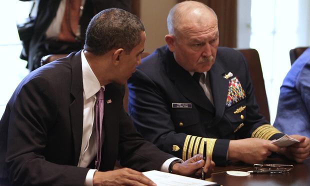U.S. President Barack Obama talks to retired Coast Guard Admiral Thad Allen, National Incident Commander, during a meeting with cabinet members to discuss the administration's response to oil spill. US President Barack Obama (L) talks to retired Coast Guard Admiral Thad Allen, National Incident Commander, during a meeting with cabinet members to discuss the administration's response to oil spill.