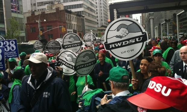 Bloomingdale's employees and union workers protest outside the flagship store in Manhattan.