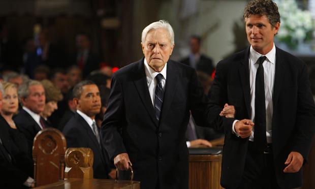Senator Edward Kennedy's brother in law Sargent Shriver is escorted to his seat in the church by his son Anthony Kennedy Shriver (R) Senator Edward Kennedy's brother in law Sargent Shriver is escorted to his seat in the church by his son Anthony Kennedy Shriver (R)