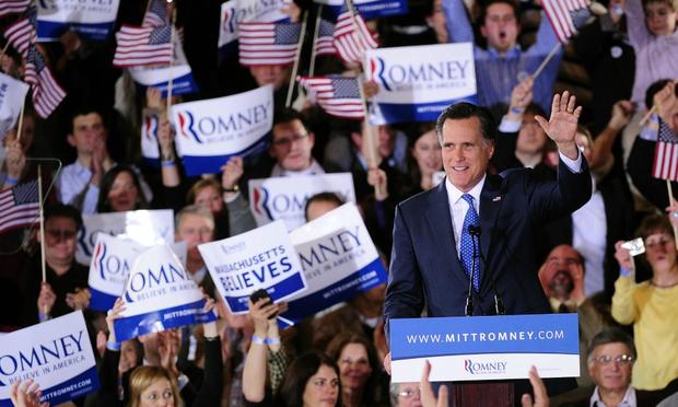 Mitt Romney celebrates primary wins in Vermont, Virginia, Ohio and Massachuestts.