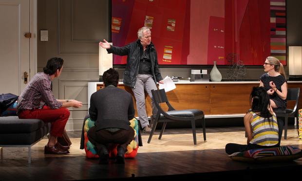 Alan Rickman (center) and company in a scene from 'Seminar' on Broadway at the Golden Theater