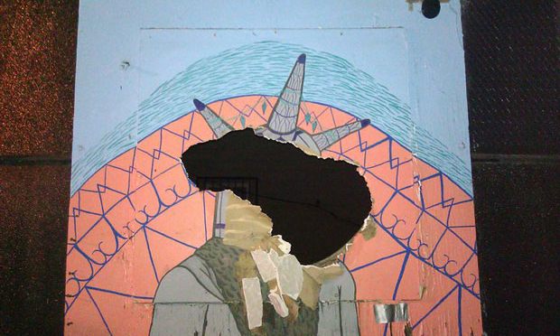 The Silent Barn in Ridgewood Queens was broken into on Saturday night. Here: Erin Womack's destroyed window mural. The Silent Barn in Ridgewood Queens was broken into on Saturday night. Here: Erin Womack's destroyed window mural.