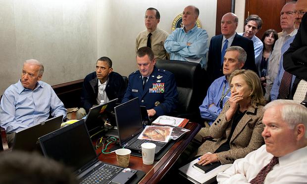 President Obama and Vice President Biden, along with members of the national security team, receiving an update on the mission against Osama bin Laden in the Situation Room of the White House. President Obama and Vice President Biden, along with members of the national security team, receiving an update on the mission against Osama bin Laden in the Situation Room of the White House.