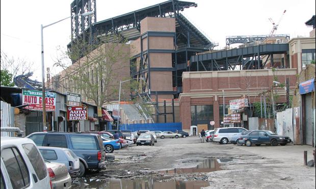In 2010, a nearly completed CitiField looms over Willets Point.