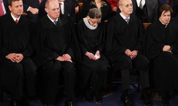 Supreme Court Justices John Roberts, Anthony Kennedy, Ruth Bader Ginsburg, Stephen Breyer, and Elena Kagan attend President Obama's State of the Union speech on January 24, 2012. Supreme Court Justices John Roberts, Anthony Kennedy, Ruth Bader Ginsburg, Stephen Breyer, and Elena Kagan attend President Obama's State of the Union speech on January 24, 2012.