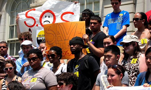 Students rally at City Hall to restore funding cuts to schools and summer youth programs. Students rally at City Hall to restore funding cuts to schools and summer youth programs.