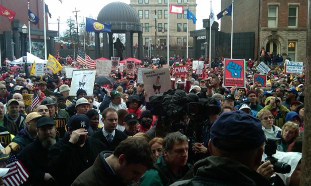 Thousands of public unionists and their supporters rallied in Trenton, New Jersey on Friday, Feburary 25.
