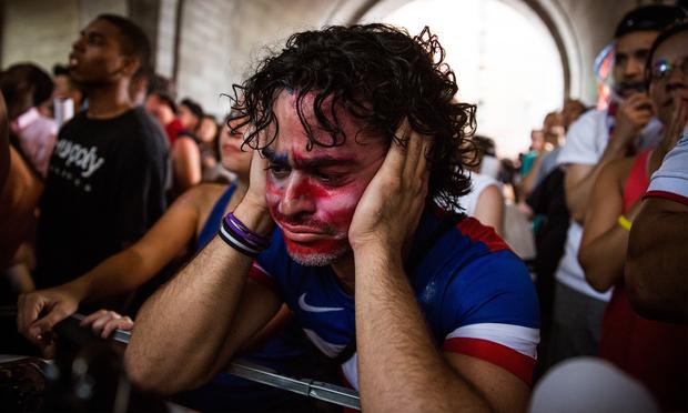 Christian Raja of Brooklyn reacts at a missed attempt on goal by the USA during overtime against Belgium in the World Cup. July 1, 2014
