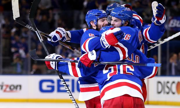 New York Rangers celebrate a goal against the Montreal Canadiens during Game Four of the Eastern Conference Final in the 2014 NHL Stanley Cup Playoffs at Madison Square Garden