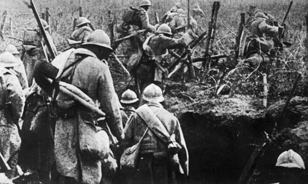A picture taken in the year 1916 shows French soldiers moving into attack from their trench during the Verdun battle, eastern France, during the first World War.